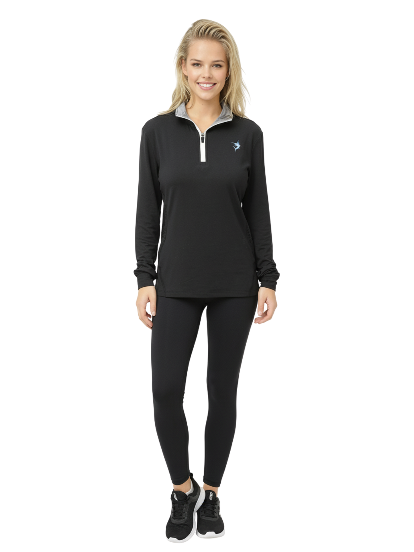 Women's Monterey Quarter Zip by White Water Life in black with gray collar and blue chest logo on Tampa Home & Garden Store