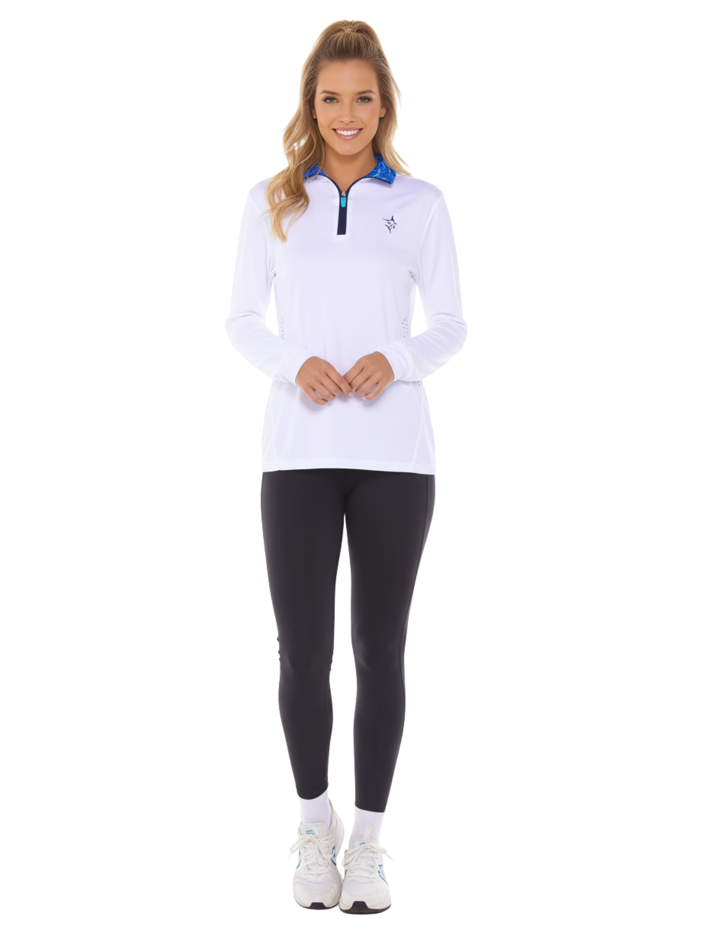 Women's Monterey Quarter Zip white top with blue patterned collar and chest logo on Tampa Home & Garden Store