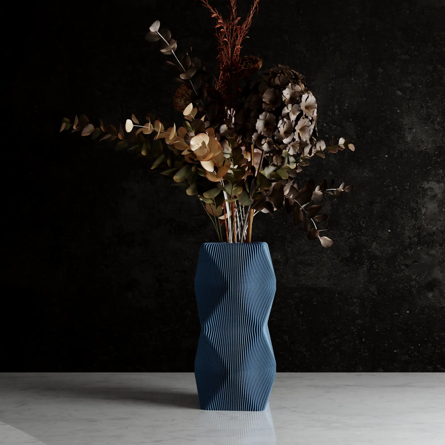 Mountain Vase blue ribbed ceramic with dried eucalyptus and stems on dark backdrop on Tampa Home & Garden Store