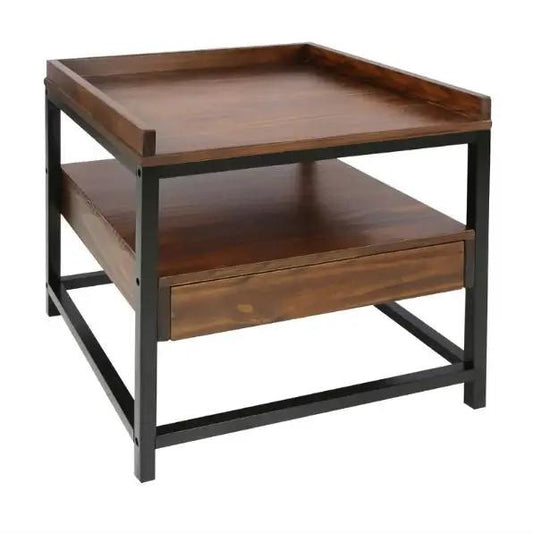 Modern solid wood end table nightstand Mocha with black metal frame, top tray and wood drawer on Tampa Home & Garden Store