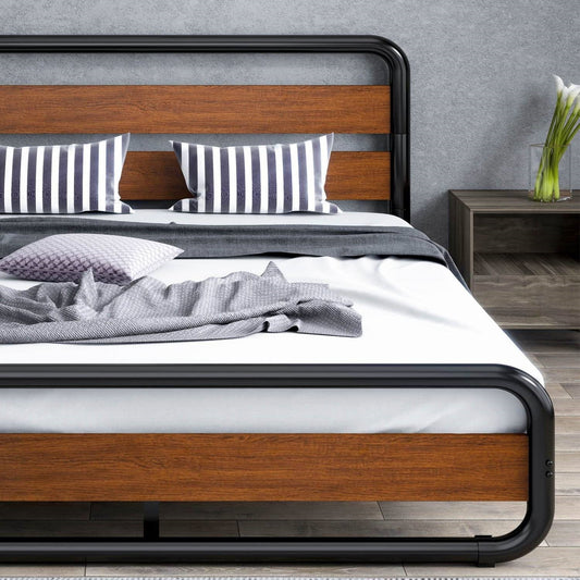 Queen Heavy Duty Modern Industrial Metal Wood Platform Bed Frame with Headboard - Tampa Home & Garden Store