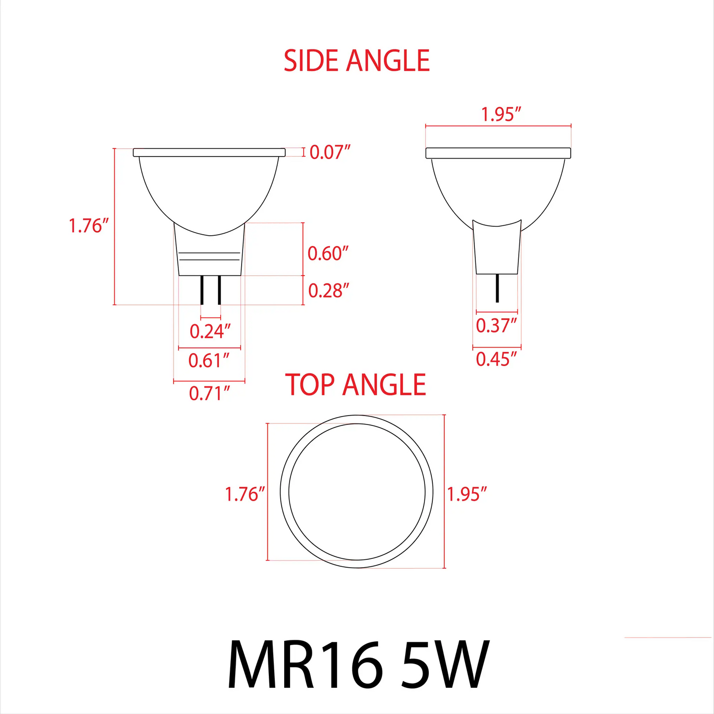 MR16 5W LED bulb technical diagram with dimensions top view dimmable on Tampa Home & Garden Store