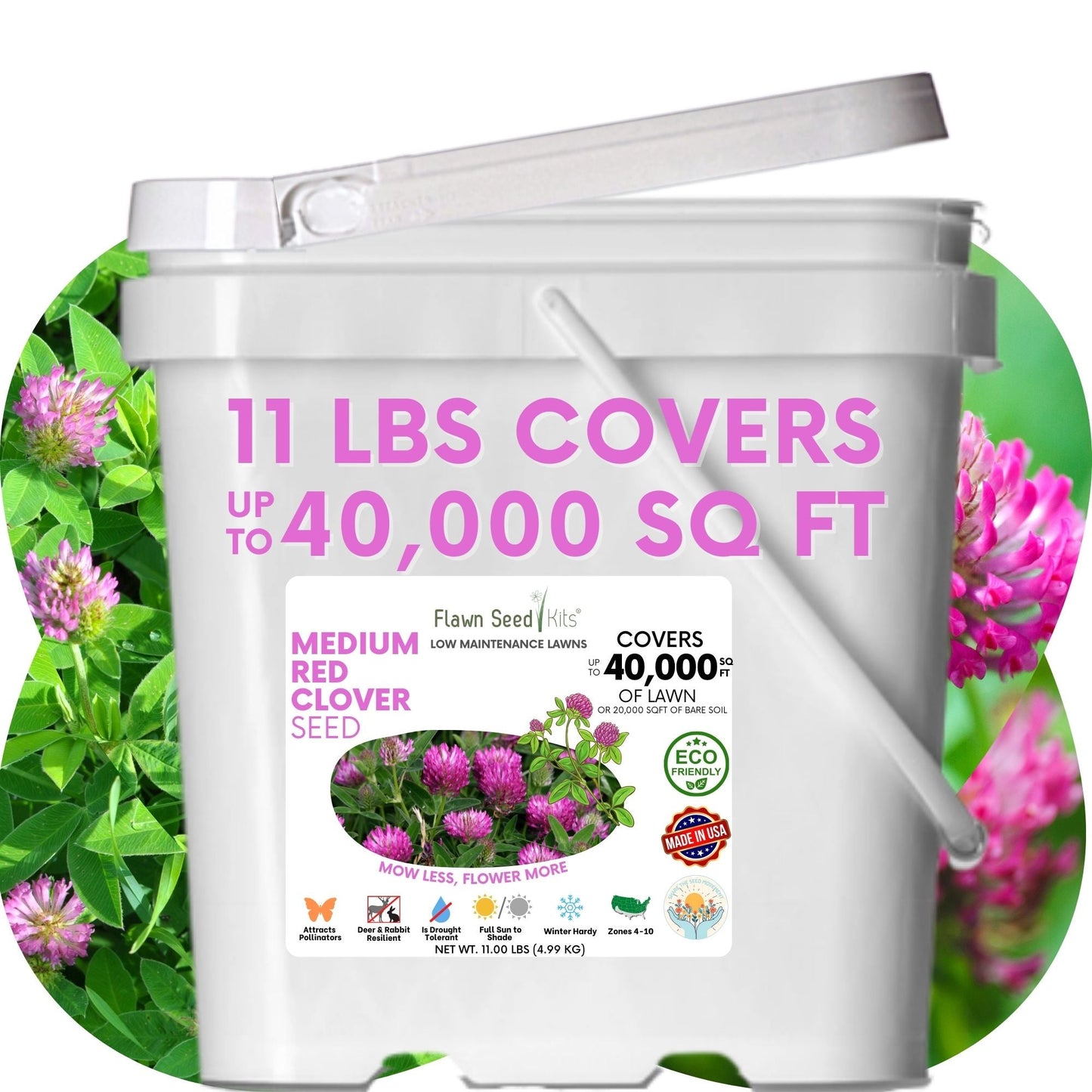 Medium Red Clover Seed by Flawn Seed Kits in a white seed bucket on Tampa Home & Garden Store