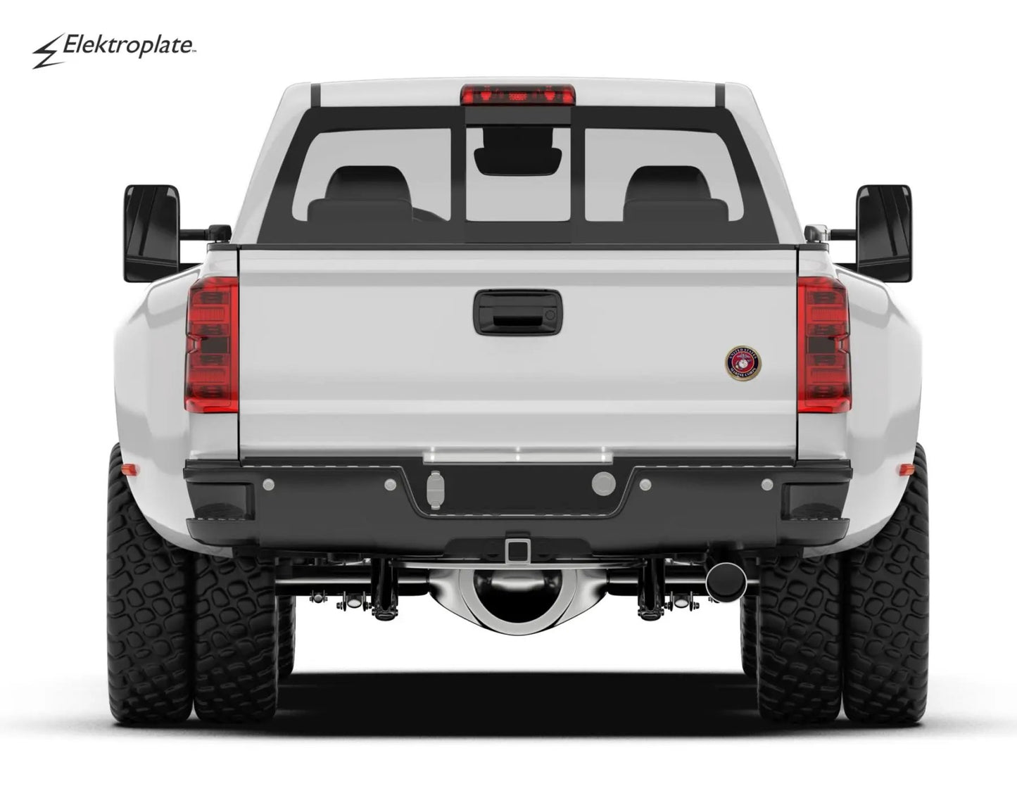 Marine Corps emblem decal on white pickup tailgate, made in USA by Flagman of America on Tampa Home & Garden Store