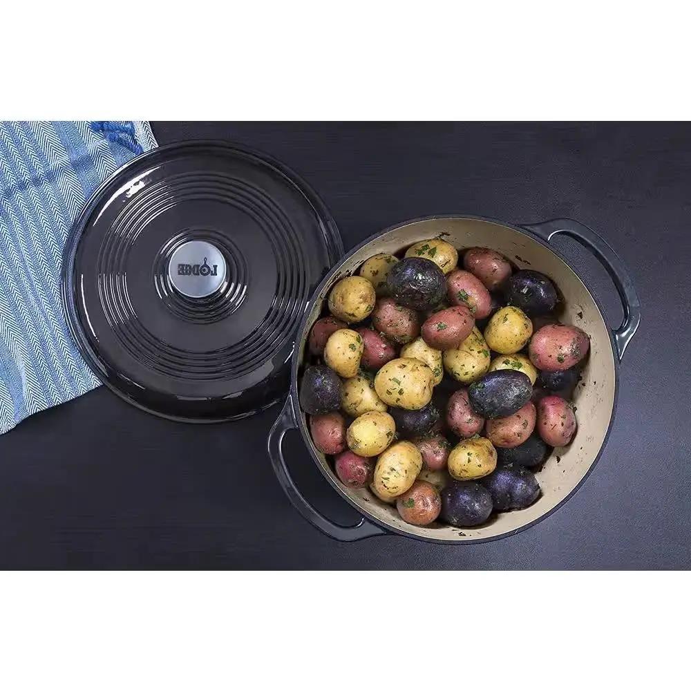 Round 6-Quart black enamel cast-iron Dutch oven with lid, filled with potatoes on Tampa Home & Garden Store