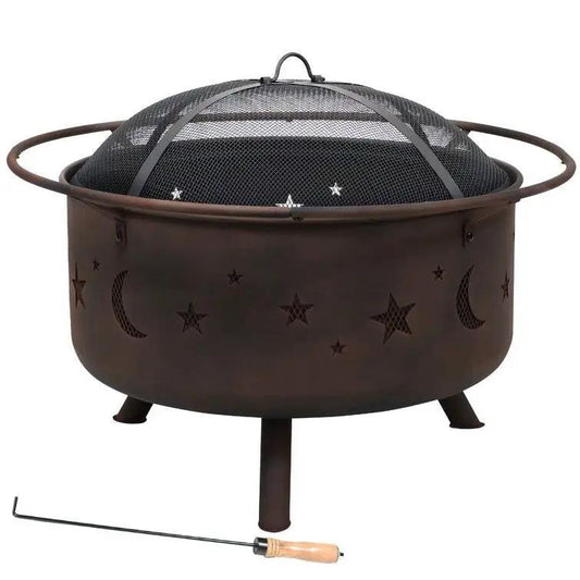 Moon Stars Sky Steel Fire Pit Bowl with Screen Cooking Grate and Poker - Tampa Home & Garden Store