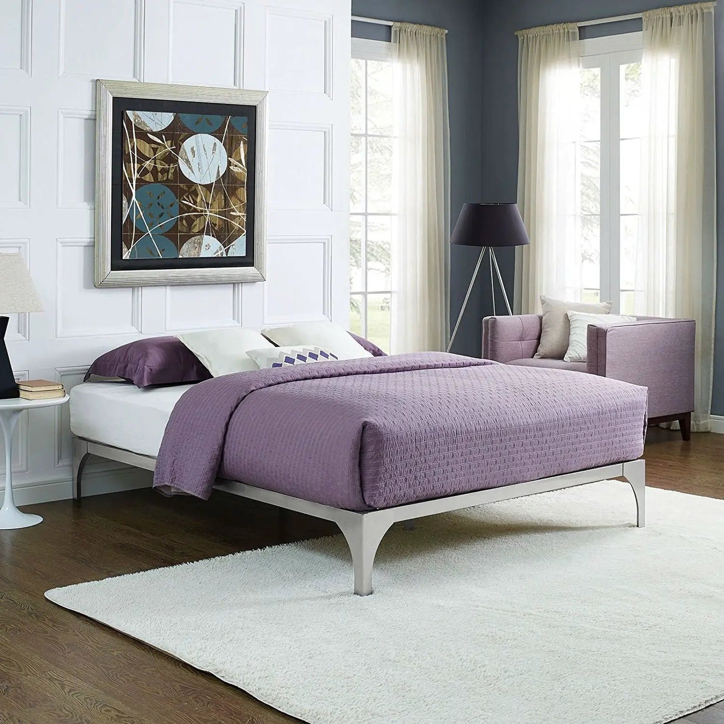King size Modern Metal Platform Bed Frame in Silver Finish with Wood Slats - Tampa Home & Garden Store