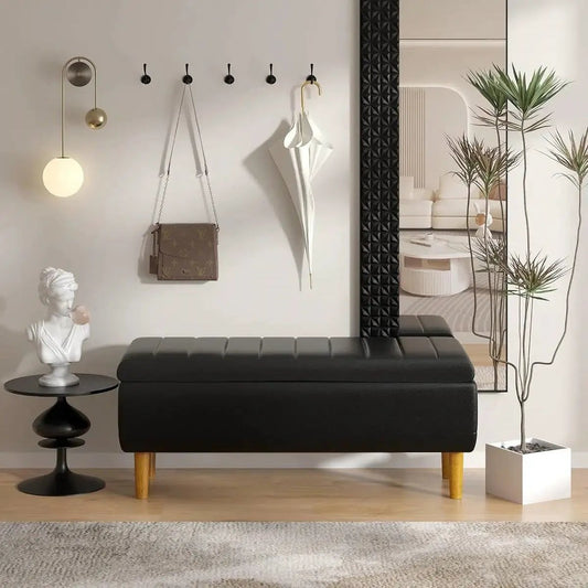 Mid-Century Black Faux Leather Storage Bench with tufted top and wood legs on Tampa Home & Garden Store