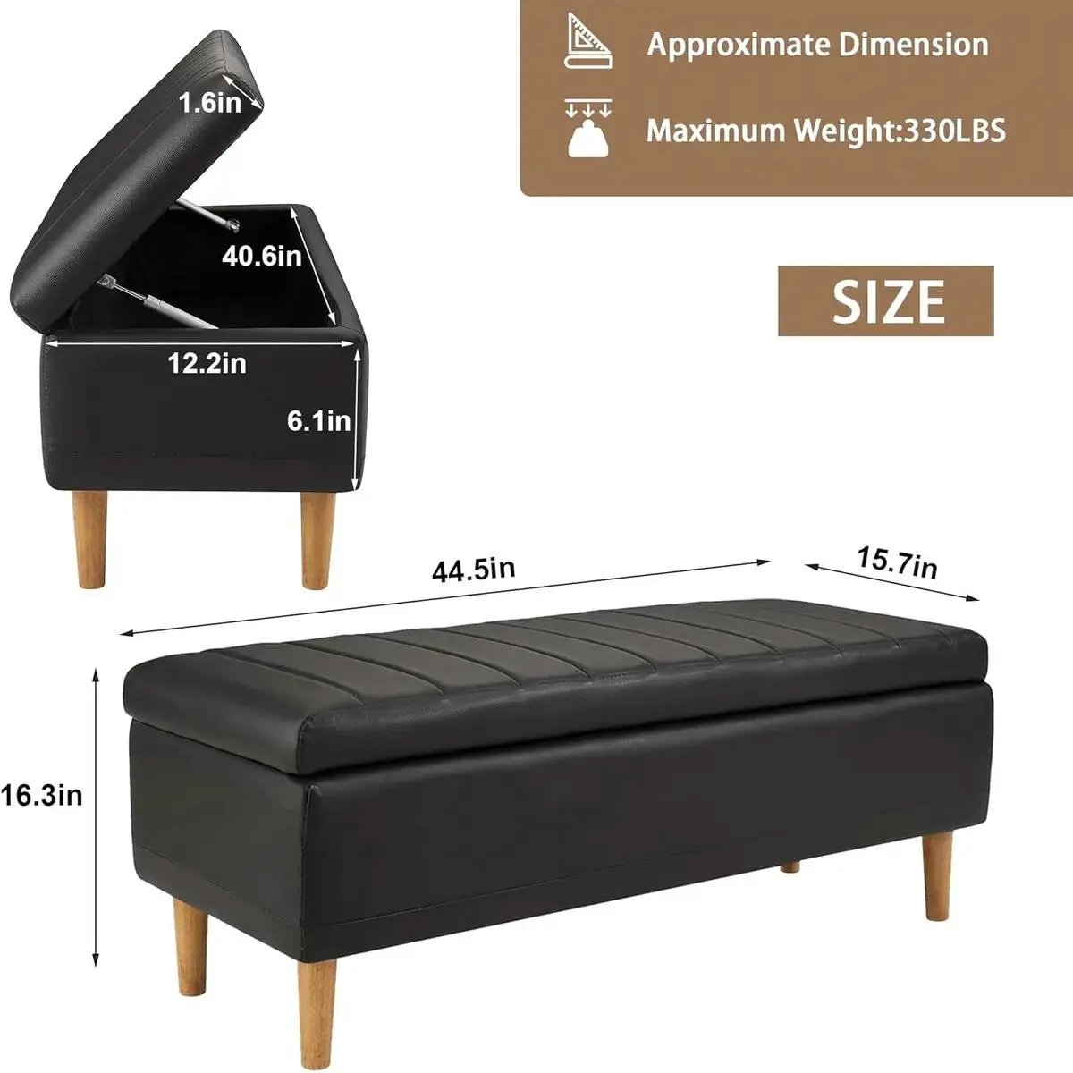 Modern Mid-Century Black Faux Leather End of Bed Storage Bench Ottoman - Tampa Home & Garden Store
