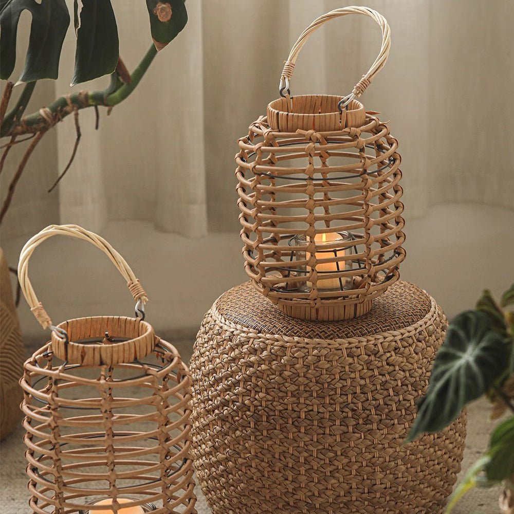 Decorative bamboo lantern holder; natural, two candle lanterns with handles RusticReach on Tampa Home & Garden Store