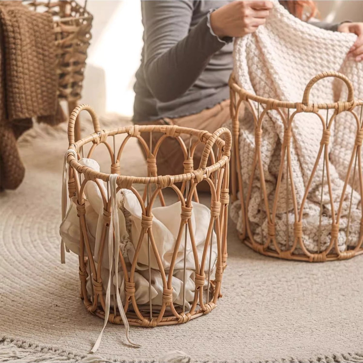 Bohemian Open-Weave Rattan Basket set of two, light tan, open weave with handles by RusticReach on Tampa Home & Garden Store