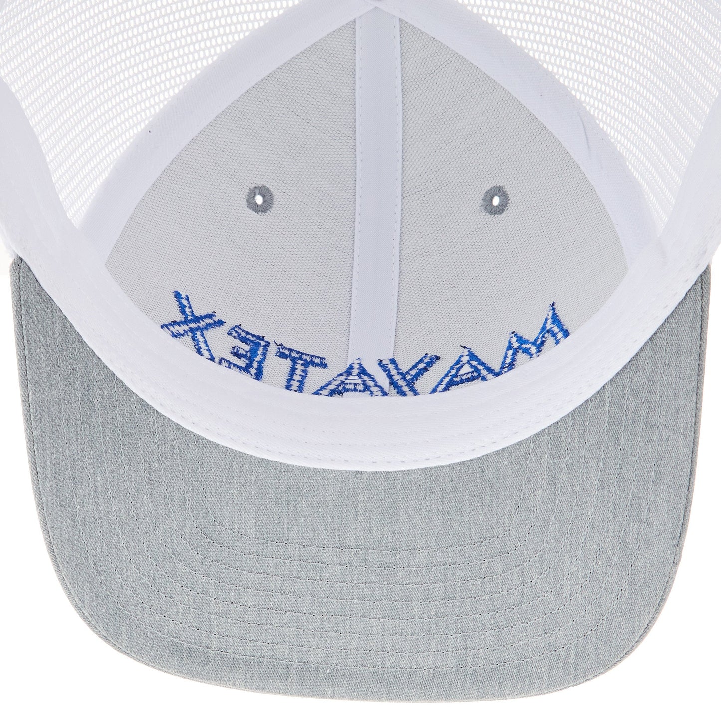Mayatex Heather Grey Breathable Mesh Back Logo Cap with blue embroidery front panel baseball hat on Tampa Home and Garden Store