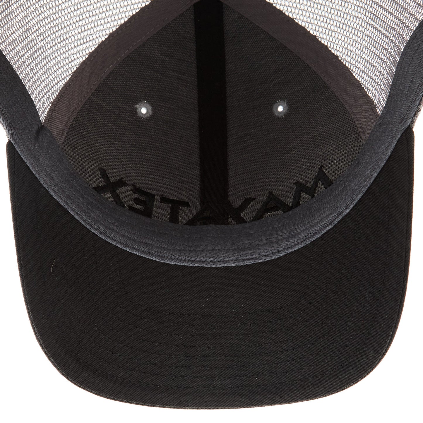 Grey and charcoal mesh-back logo cap by Mayatex, trucker hat with curved brim on Tampa Home & Garden Store
