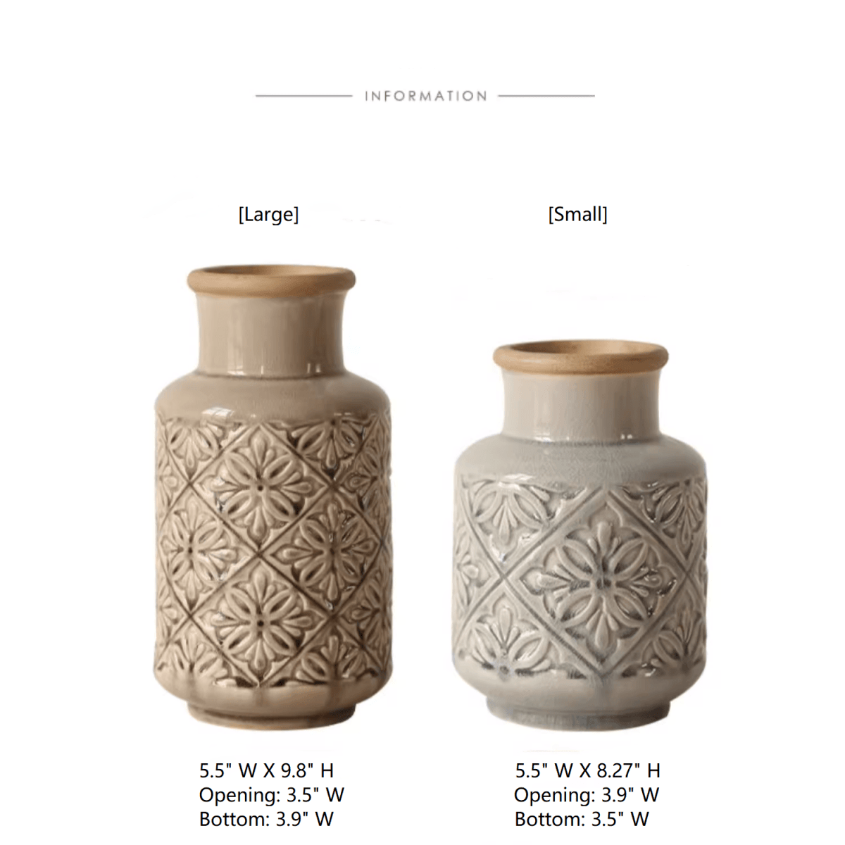 Domino Embossed Pattern Vase by RusticReach, large beige and small gray vases with wood on Tampa Home & Garden Store