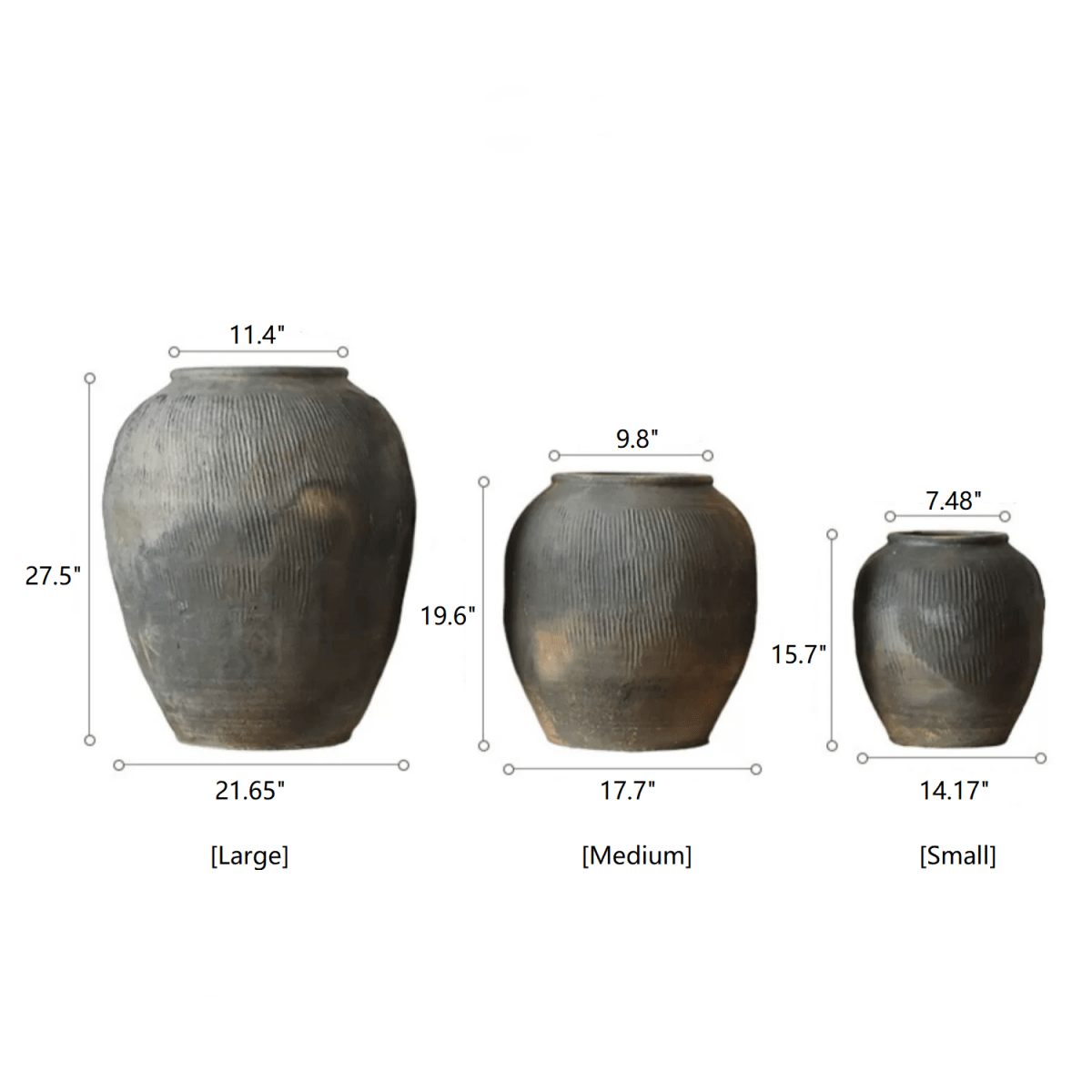 Round earthenware gray pots by RusticReach in large, medium, small set with ribbed texture on Tampa Home & Garden Store