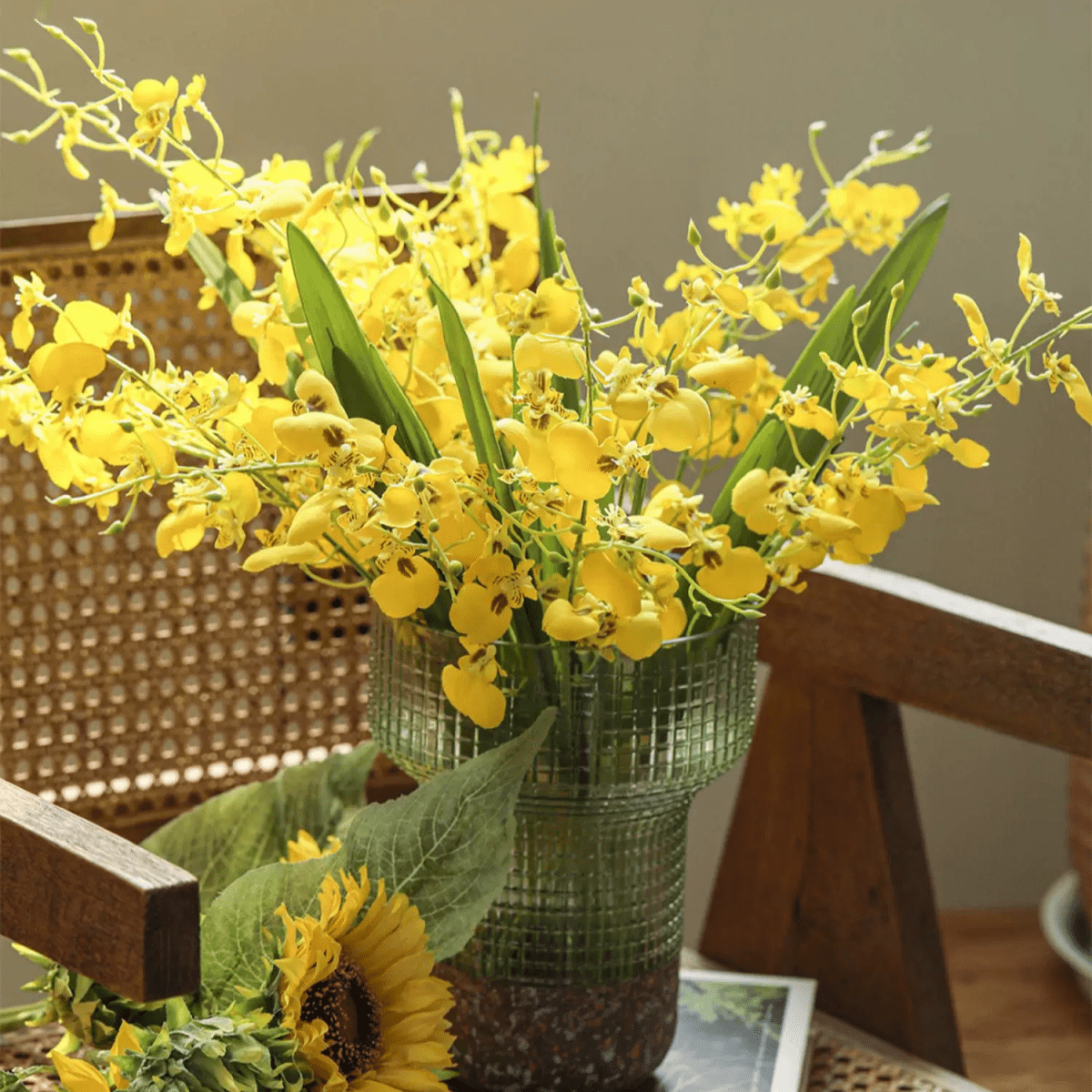 RusticReach Wendy's Dancing Lady Orchid stem 20.5 inch tall with yellow blooms in green vase on Tampa Home & Garden Store