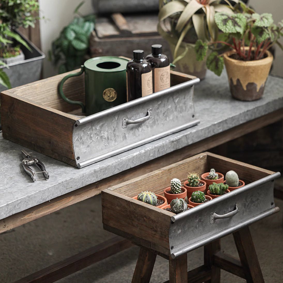 Rustic wood and galvanized metal garden tray planter with side handles on Tampa Home & Garden Store