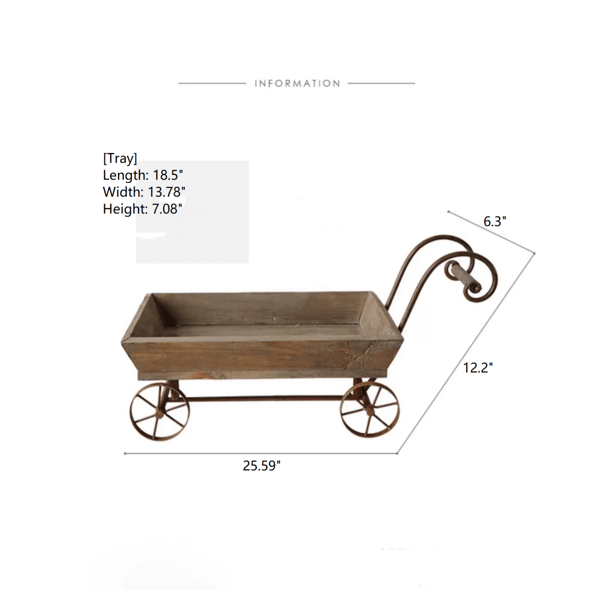 Small decorative wooden wagon flower cart by RusticReach with brown wood and metal wheels on Tampa Home & Garden Store