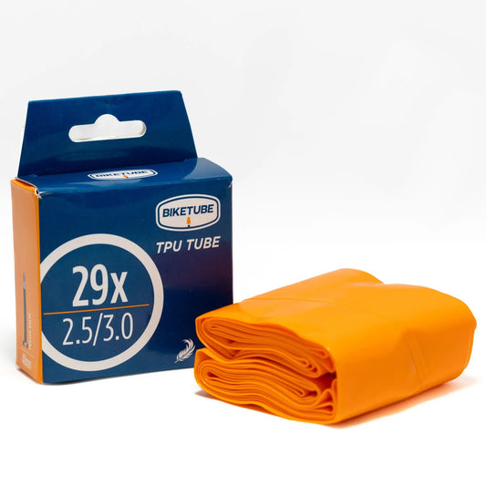 Lightweight MTB TPU tubes 2-pack for Presta valve, Biketube orange tubes on blue packaging on Tampa Home & Garden Store