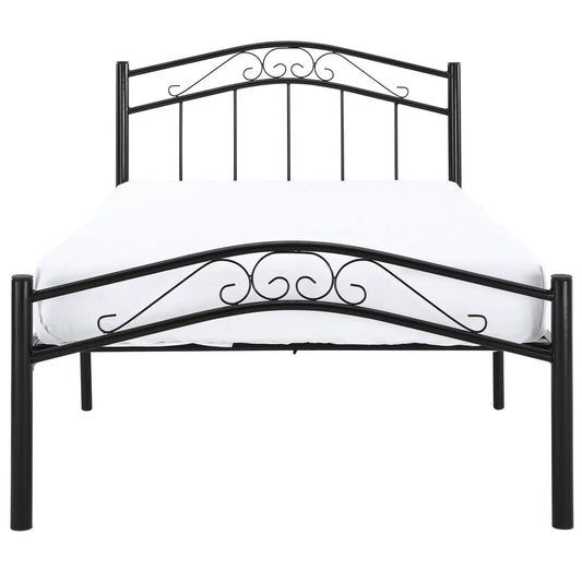 Twin size black metal platform bed frame with ornate headboard and footboard on Tampa Home & Garden Store