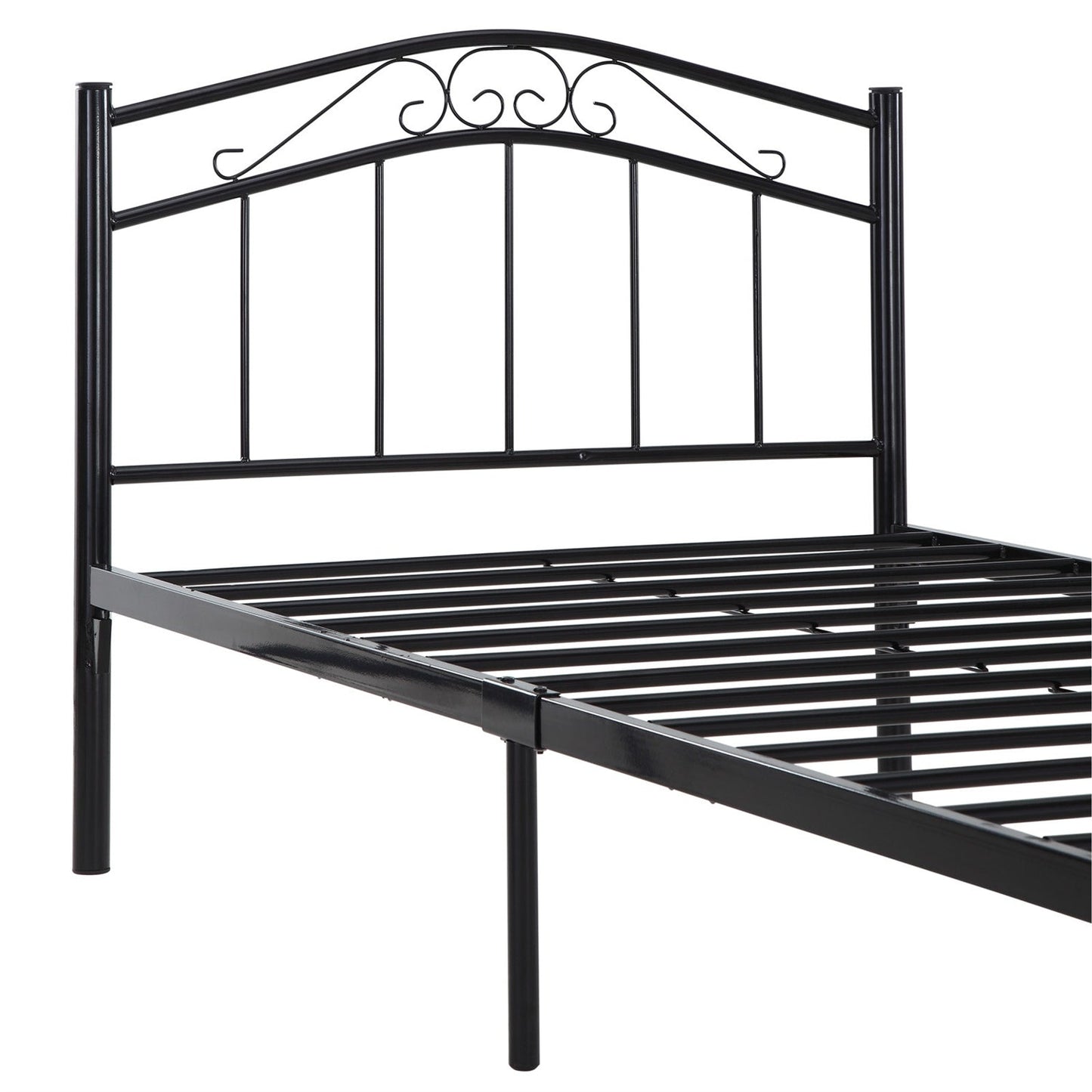 Cama de plataforma de metal negra tamaño individual con cabecero y piecero