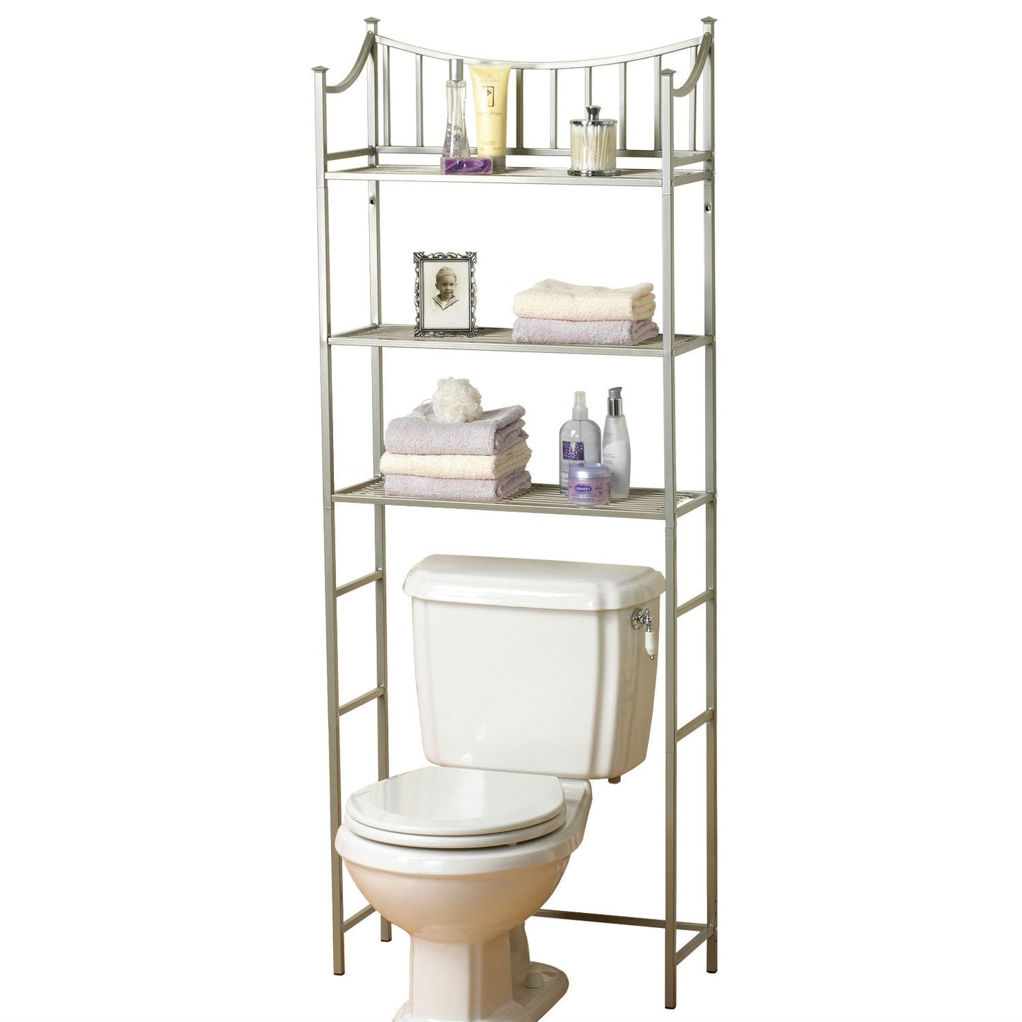 Estante de almacenamiento tipo torre para baño que ahorra espacio, sobre el inodoro, con acabado en níquel
