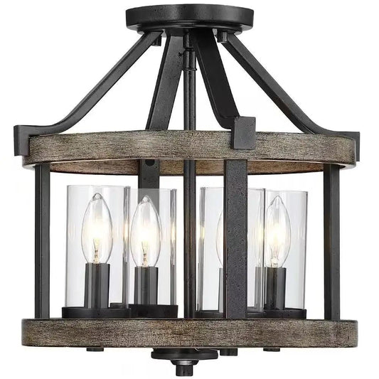 Round 4-Light Metal Wood Farmhouse Ceiling Lamp black metal with wood by HomePacific on Tampa Home & Garden Store