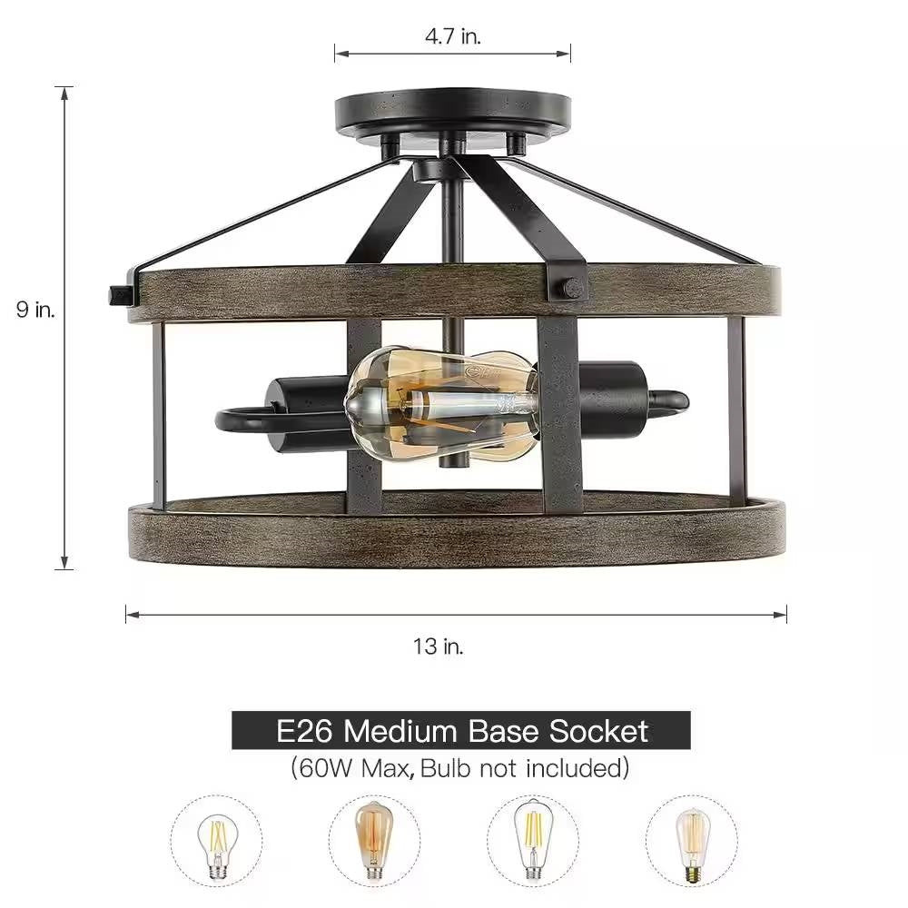 Lámpara de techo semienrasada de 2 luces, estilo rústico, de metal y madera, de 33 cm