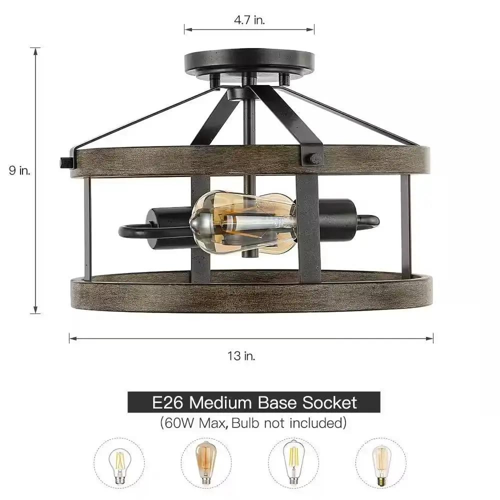 Round Farmhouse Metal Wood 2-Light Ceiling Lamp by HomePacific, wood with black metal, 13 dia on Tampa Home & Garden Store