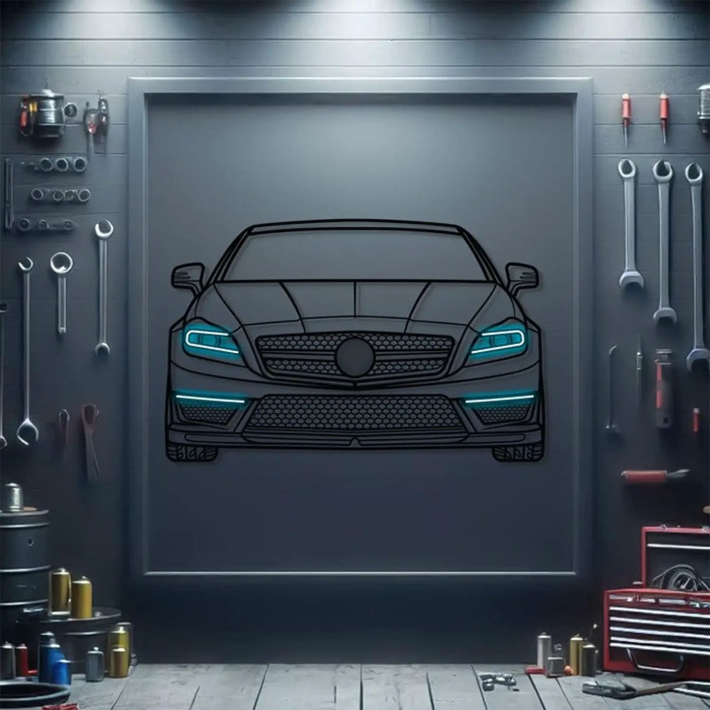 CLS AMG 63 front view metal neon car wall art by Modello Turbo, blue neon headlights on Tampa Home & Garden Store