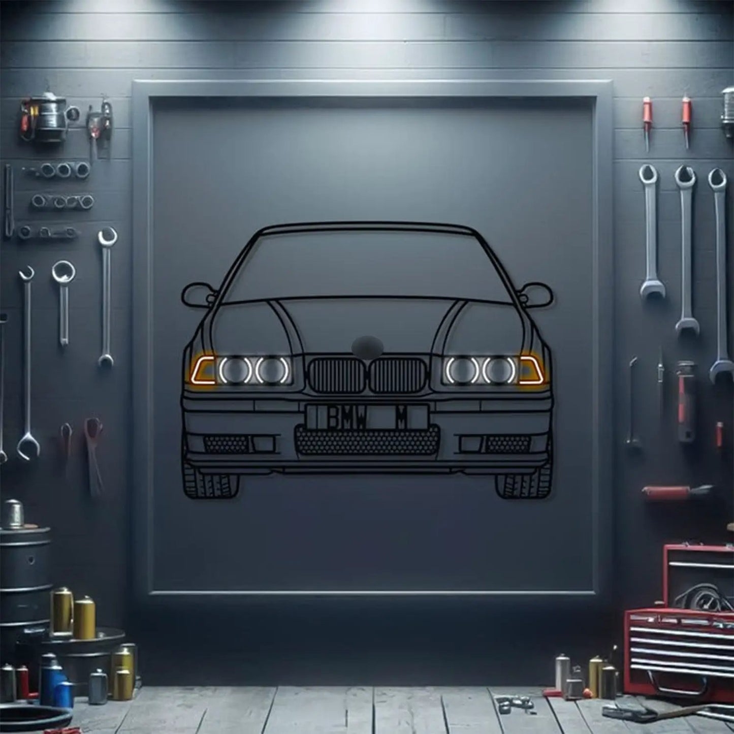 E36 Front View Metal Neon Car Wall Art by Modello Turbo, BMW outline with neon headlights on Tampa Home & Garden Store