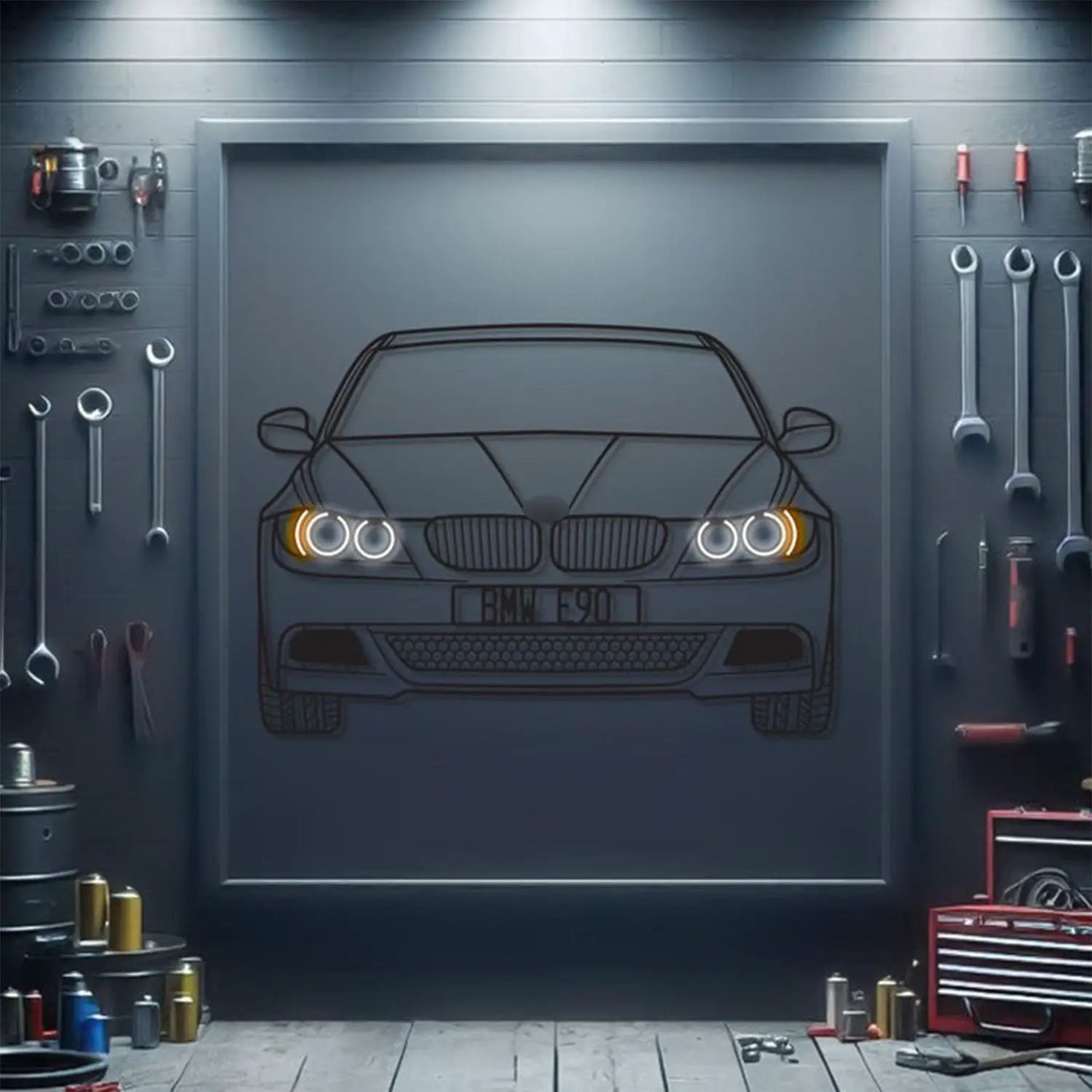 E90 Front View Metal Neon Car Wall Art by Modello Turbo, BMW-inspired wireframe on Tampa Home & Garden Store