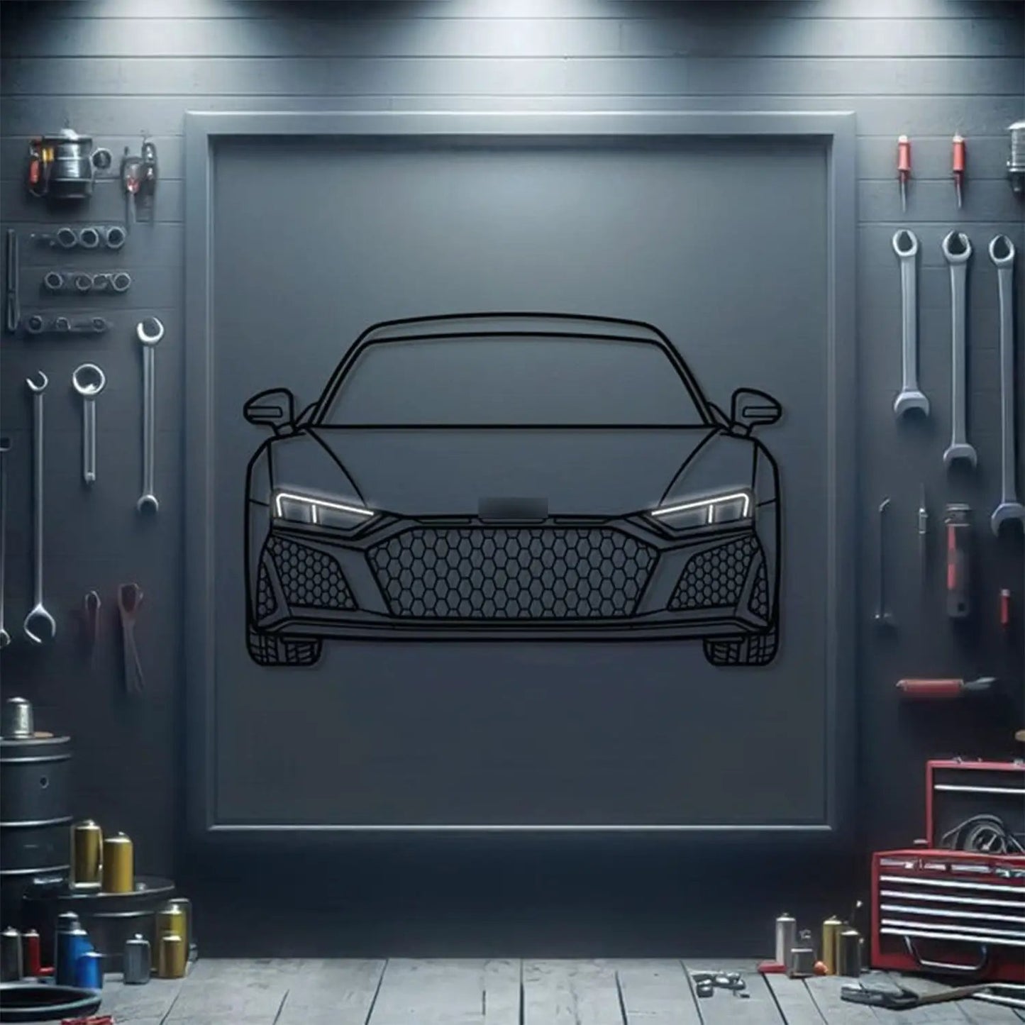 R8 front view metal neon car wall art by Modello Turbo in a gray workshop with tools on walls on Tampa Home & Garden Store