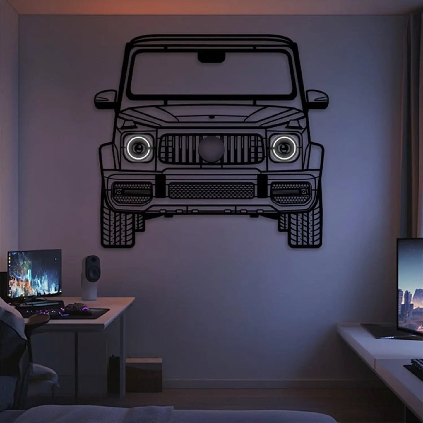 2019 G63 AMG front view metal neon wall art with black line drawing and neon headlights on Tampa Home & Garden Store