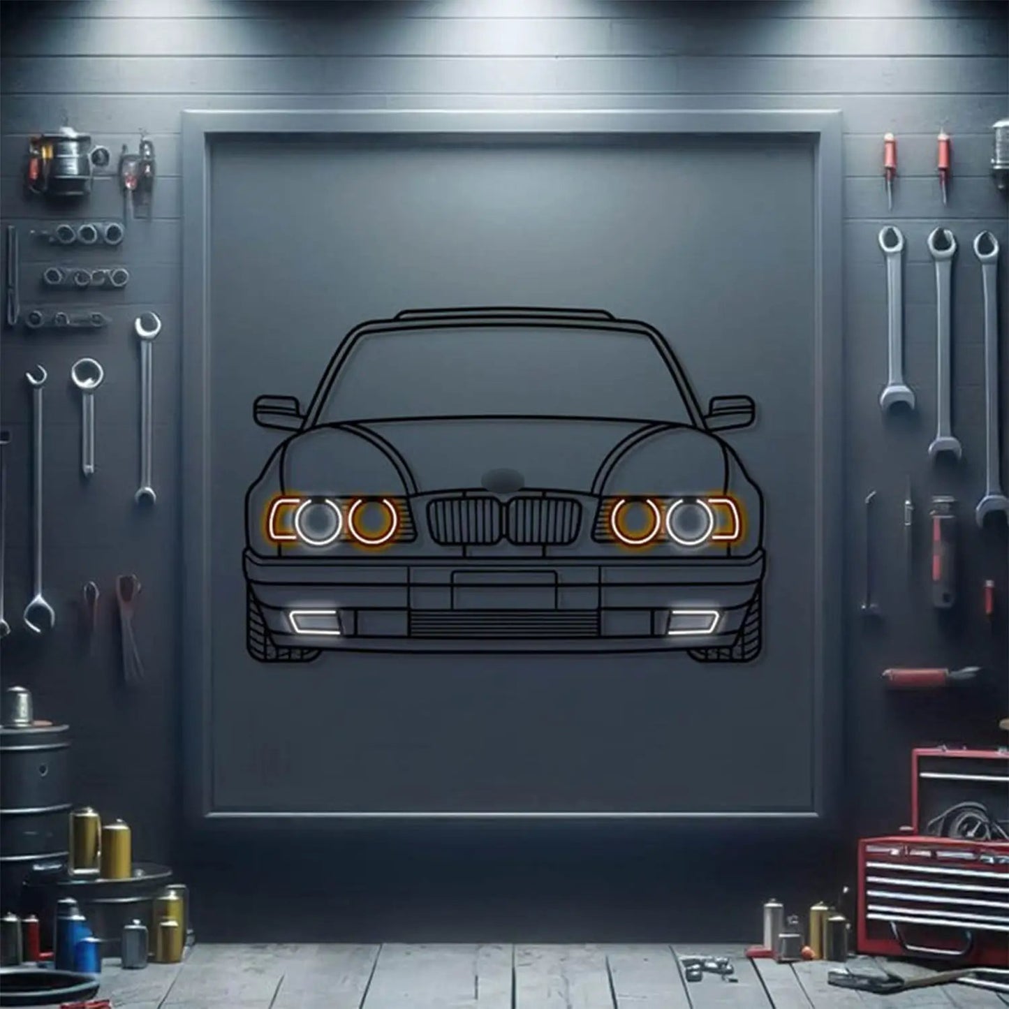 BMW 530i front-view wall art, metal neon car artwork with orange/white headlights by Modello Turbo on Tampa Home & Garden Store