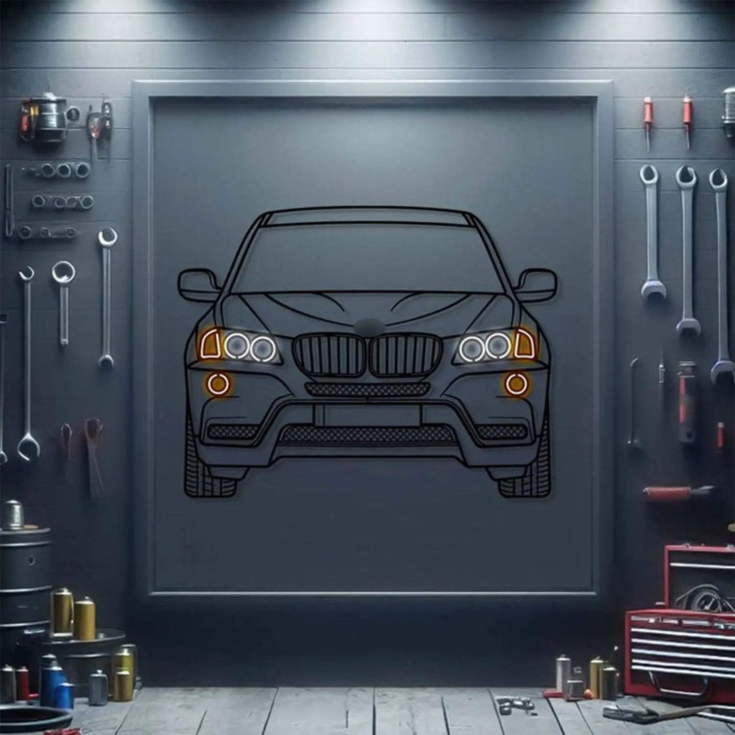 BMW X3 XDrive front view metal neon wall art by Modello Turbo with orange neon accents on Tampa Home & Garden Store
