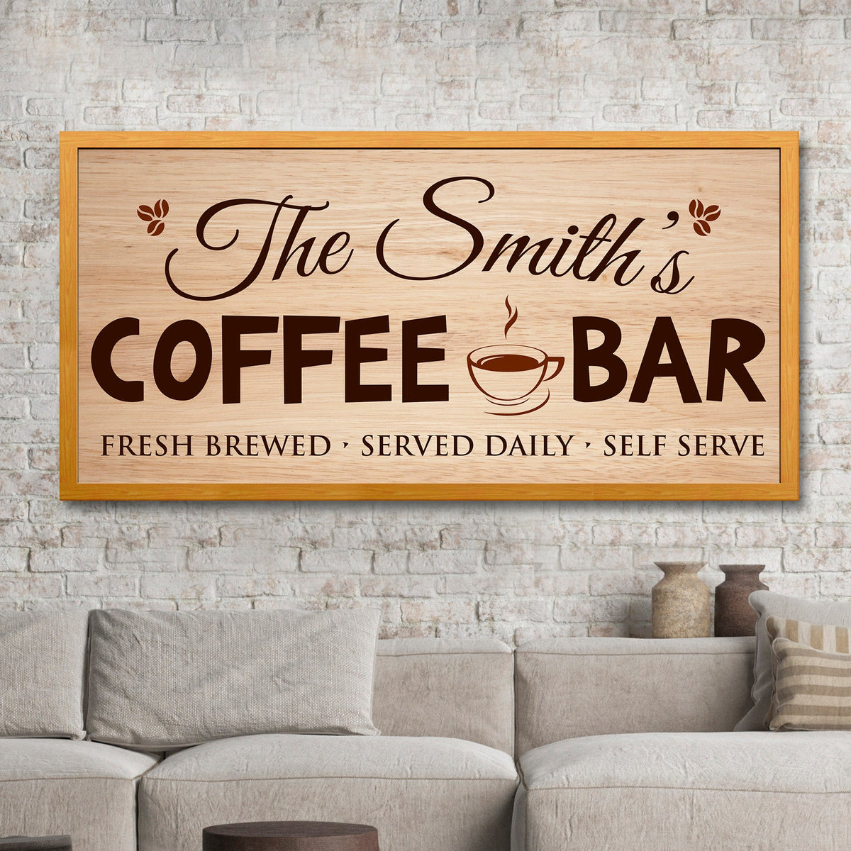 Coffee Bar Sign II canvas by Tailored Canvases with woodgrain backdrop and coffee bar lettering on Tampa Home & Garden Store