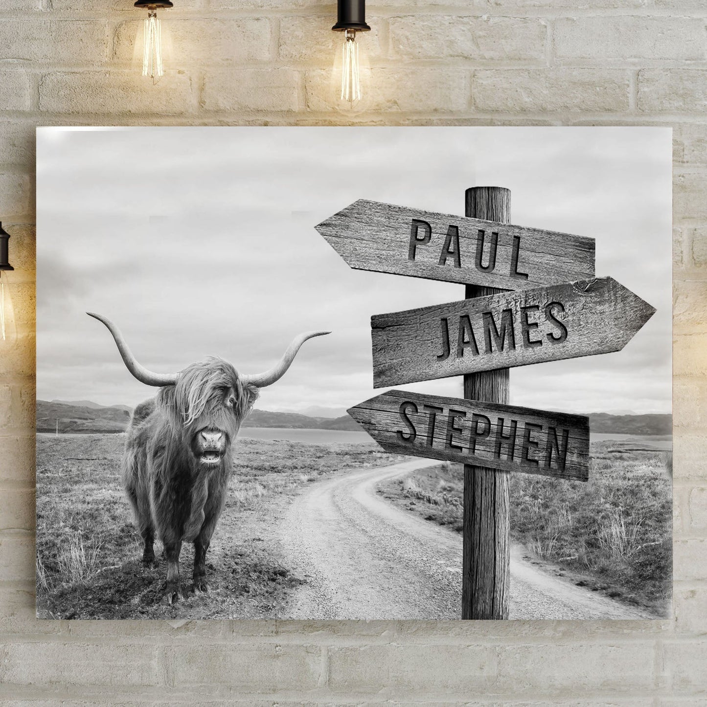 Highland Cow Rustic Sign crafting canvas, black-and-white rural scene on Tampa Home & Garden Store