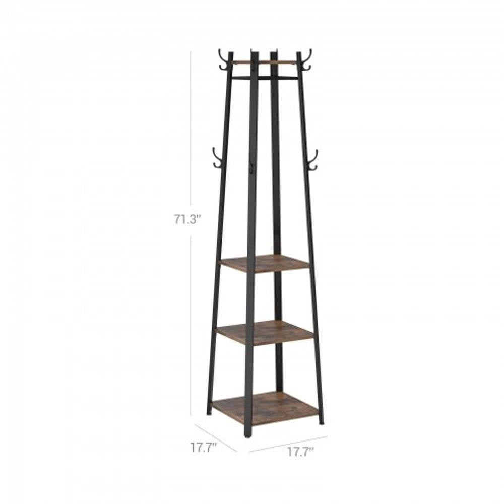 Perchero moderno industrial de metal con estantes de madera y 3 repisas