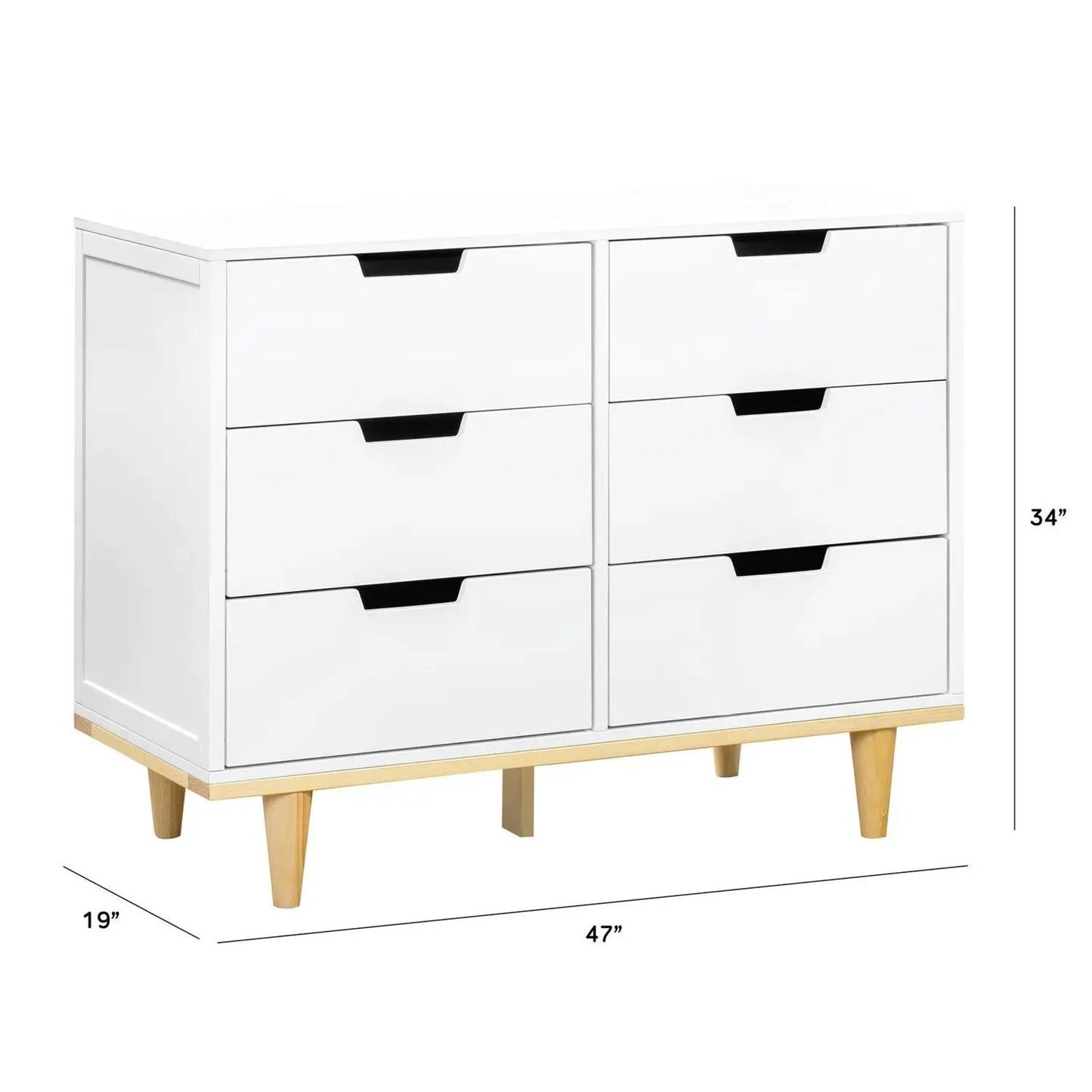 Modern mid-century 6-drawer dresser in white wood with tapered legs on Tampa Home & Garden Store