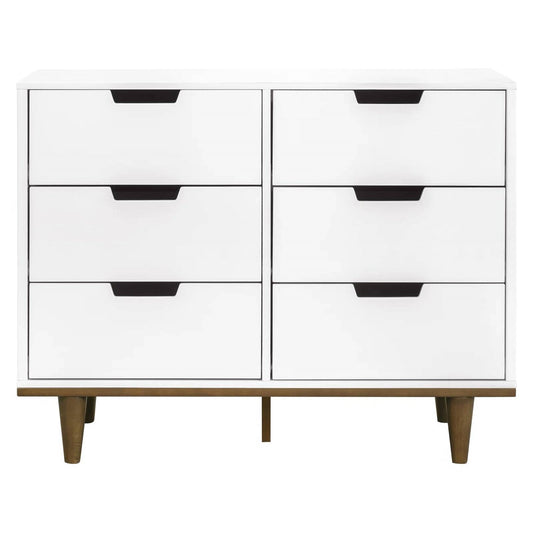 Modern Mid-Century Style 6-Drawer Double Dresser in White Walnut Wood Finish