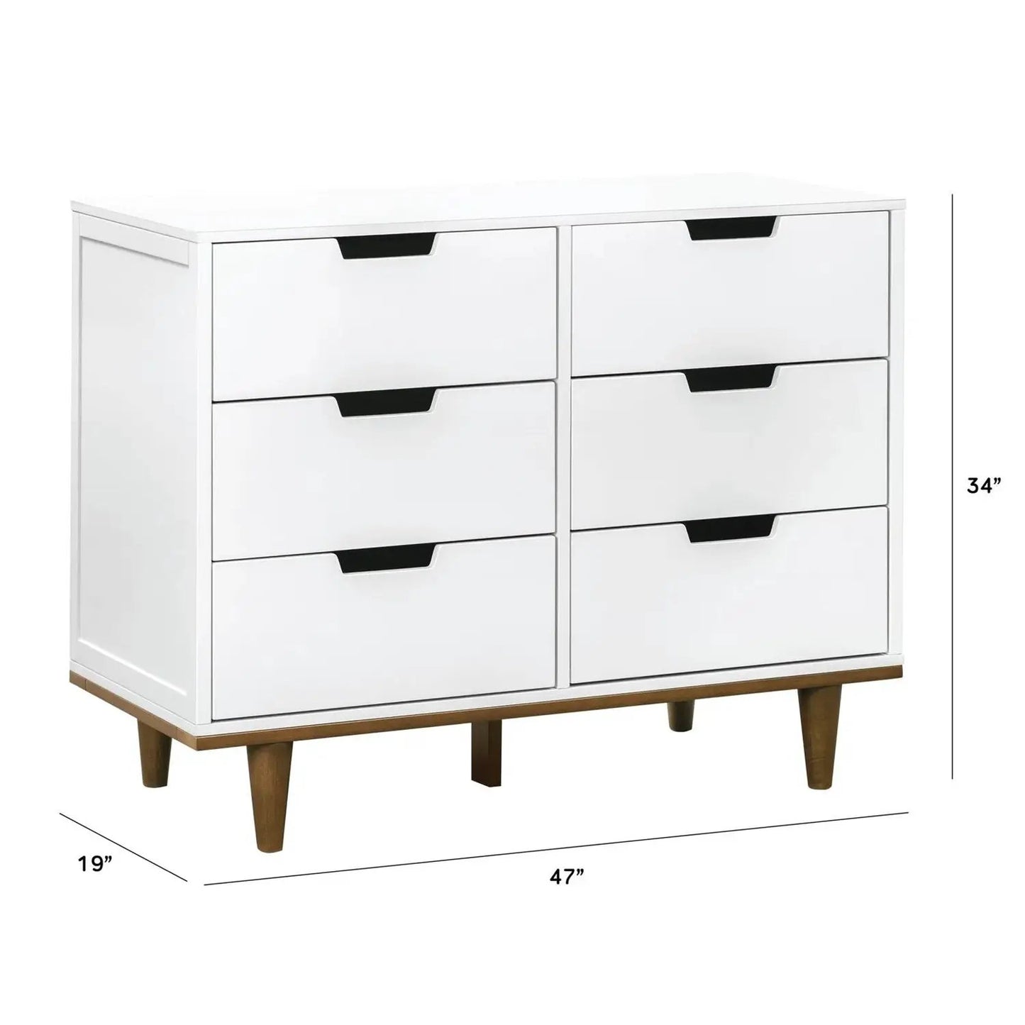 Modern 6-drawer dresser in white walnut with black recessed pulls and tapered wood legs on Tampa Home & Garden Store