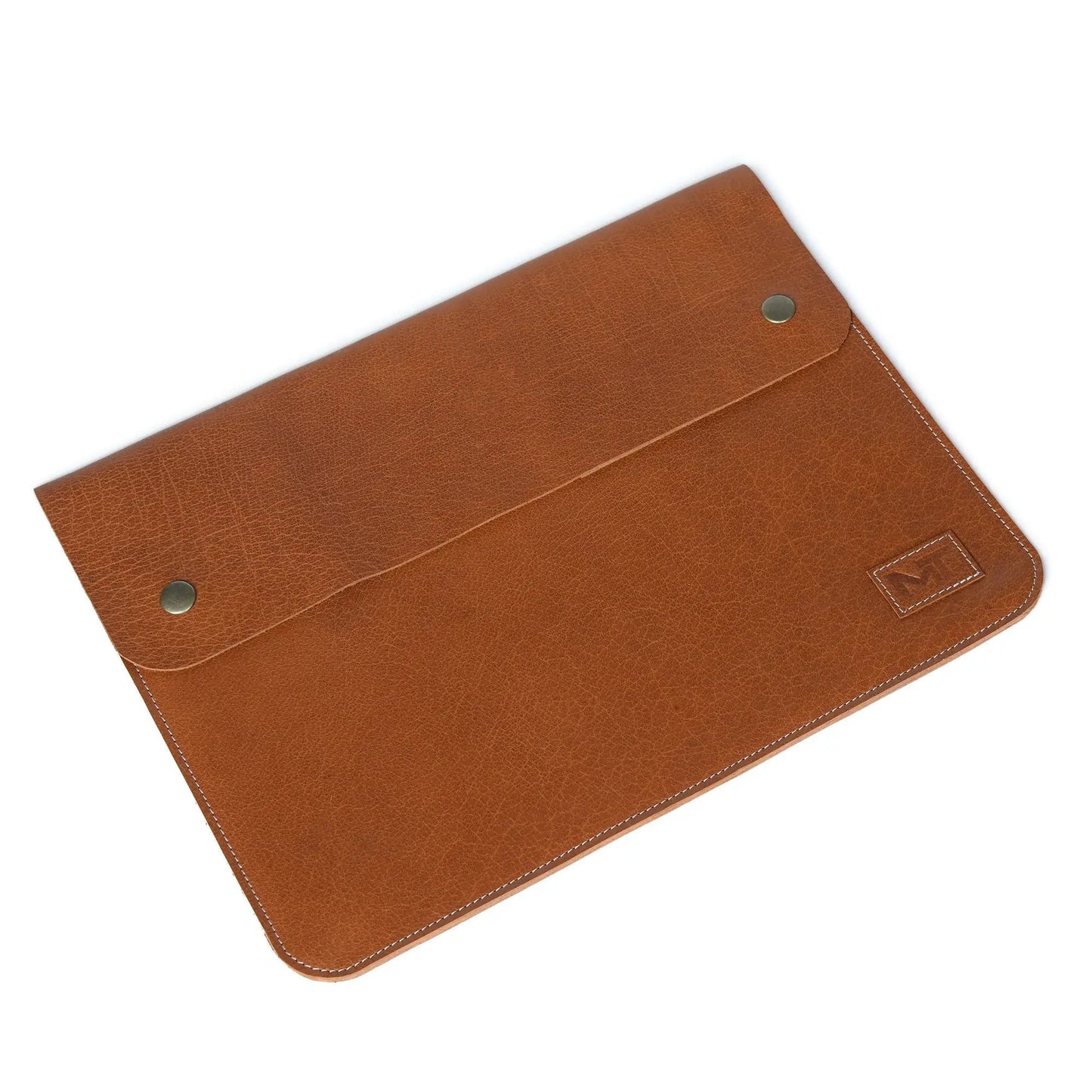 Slim buffalo leather laptop sleeve for 13-inch MacBook, brown with snap closure on Tampa Home & Garden Store