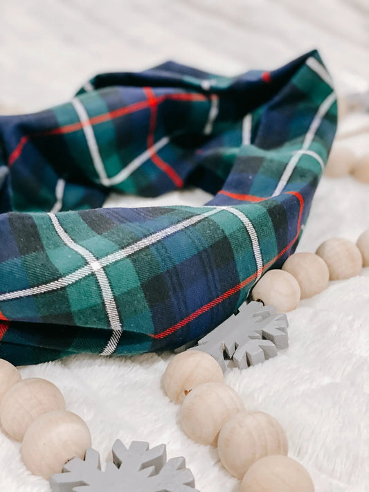 MacKenzie Tartan Navy Blue Flannel Scarf navy/green plaid with red accents on Tampa Home & Garden Store