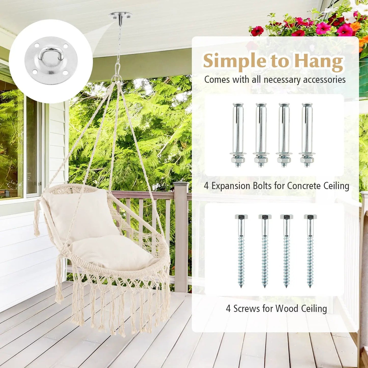 Hanging Hammock Chair with Soft Seat Cushions and Sturdy Rope Chain-Beige - Tampa Home & Garden Store