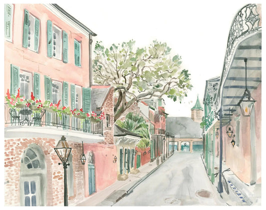 Madison Street Watercolor Print Chartres Street by Lyla Clayre Studio, pink facades on Tampa Home & Garden Store