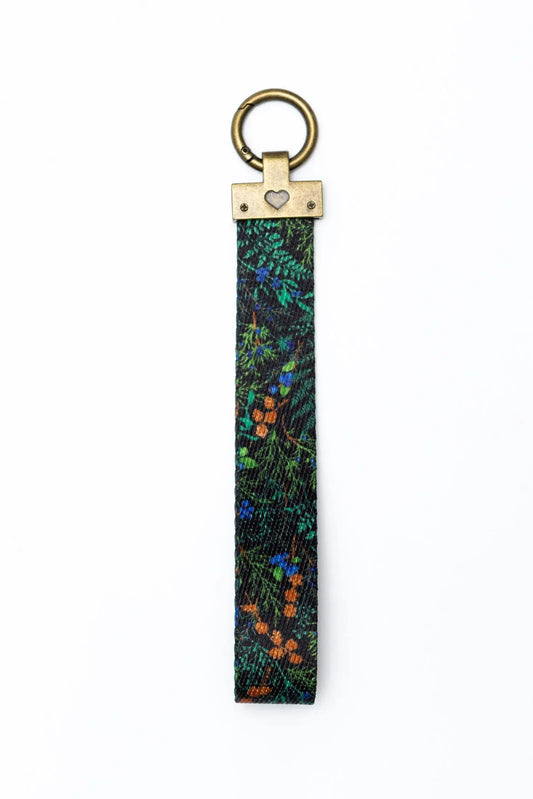 Magical Fern Forest dog bandana with brass ring keychain, fern-patterned green fabric Aria the Fox on Tampa Home & Garden Store
