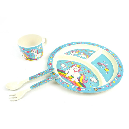 Magical Unicorn kids dinnerware set 4-piece with blue unicorn pattern plate, cup, fork & spoon on Tampa Home & Garden Store