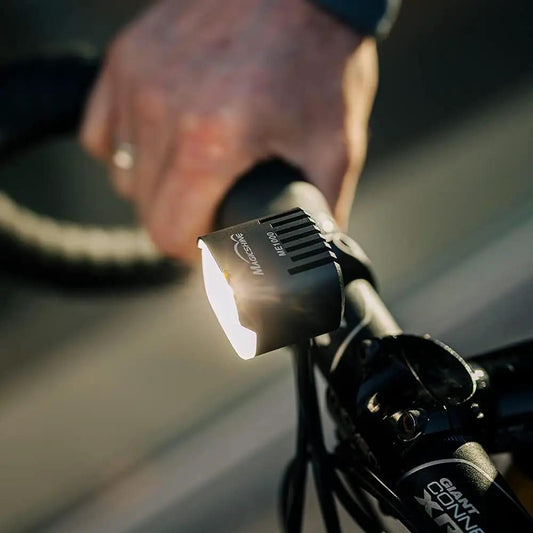 Magicshine ME 1000 E-Bike Headlight on black aluminum body mounted on handlebars, 1000-lumen DRL on Tampa Home & Garden Store
