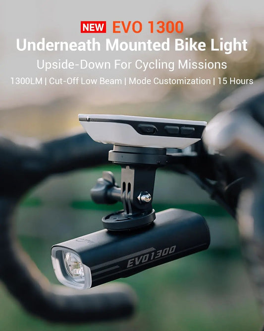 Magicshine EVO 1300 bike light with remote mounted on handlebars, black USB-C rechargeable front light on Tampa Home & Garden Store